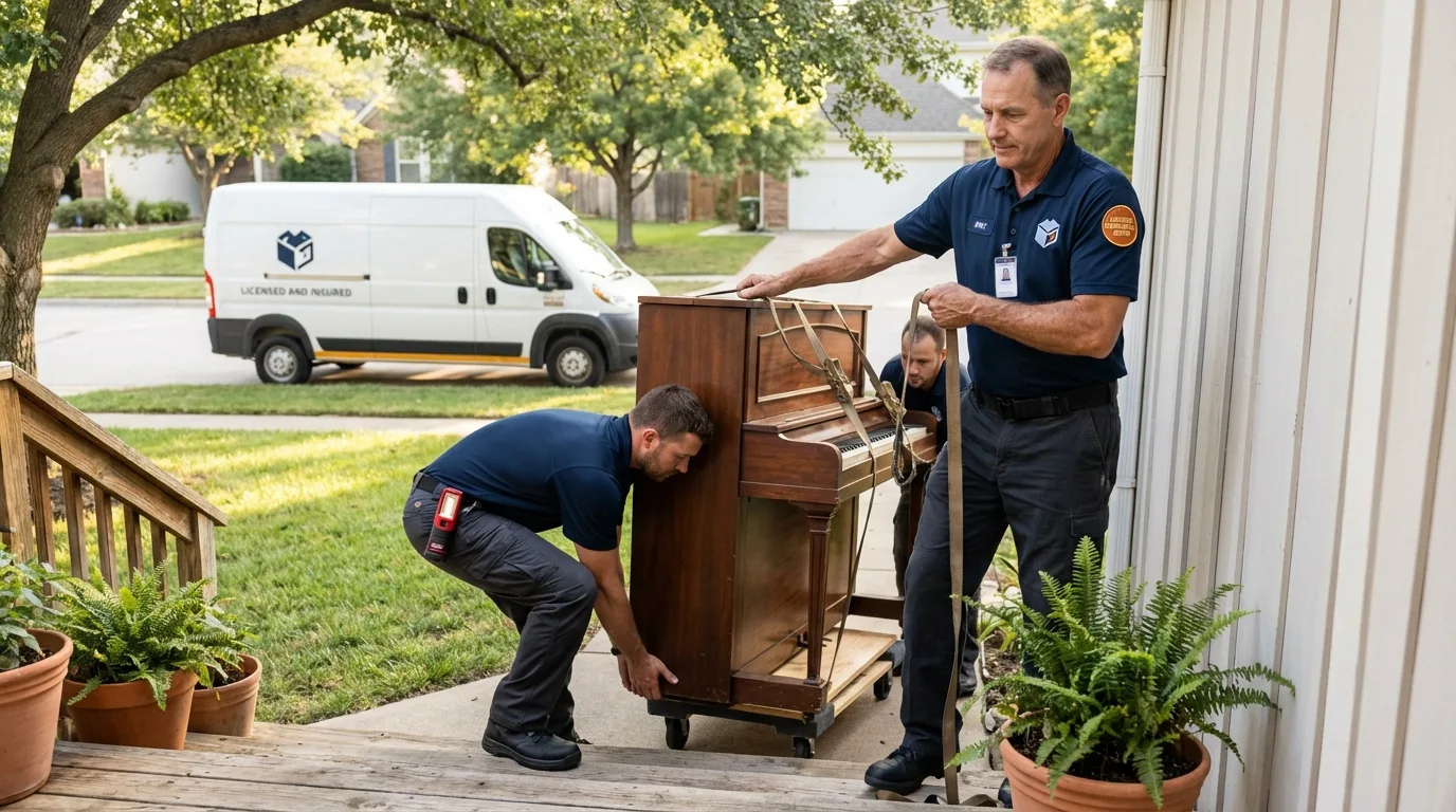 Licensed piano movers securing grand piano in Tucumcari, NM