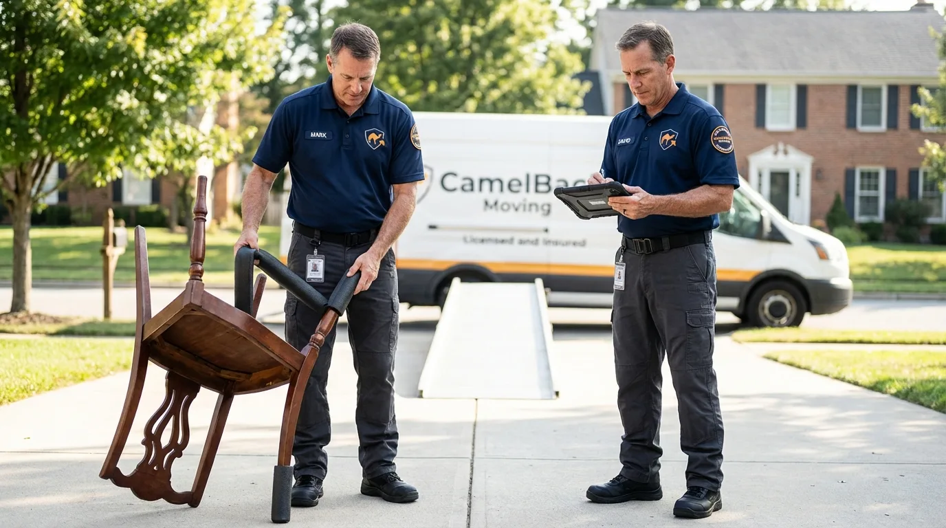 Movers inspecting furniture for damage prevention before loading in Tucumcari, NM