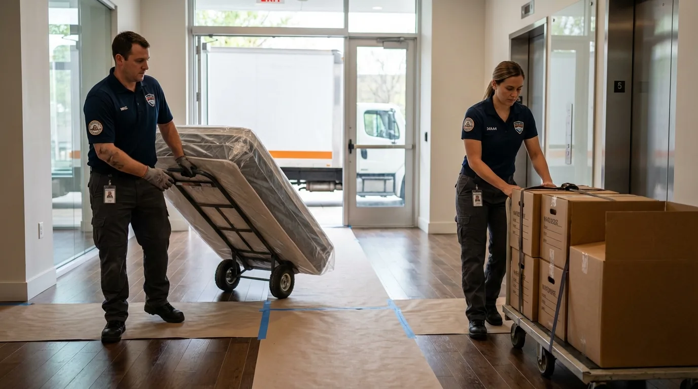 Professional apartment movers loading elevator in Tucumcari, NM