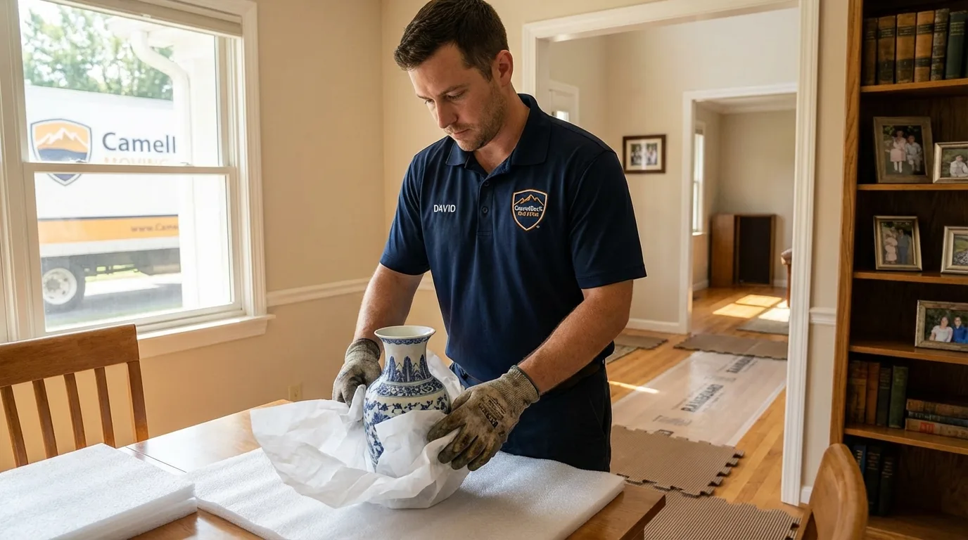 Professional crew carefully wrapping antique vase for senior downsizing move in Tucumcari, NM